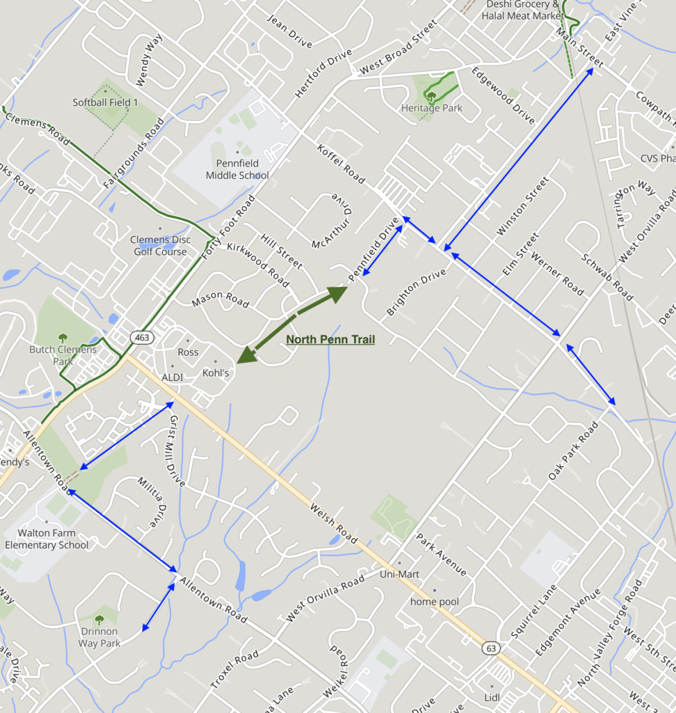 Map of the North Penn Trail and connections to local streets.